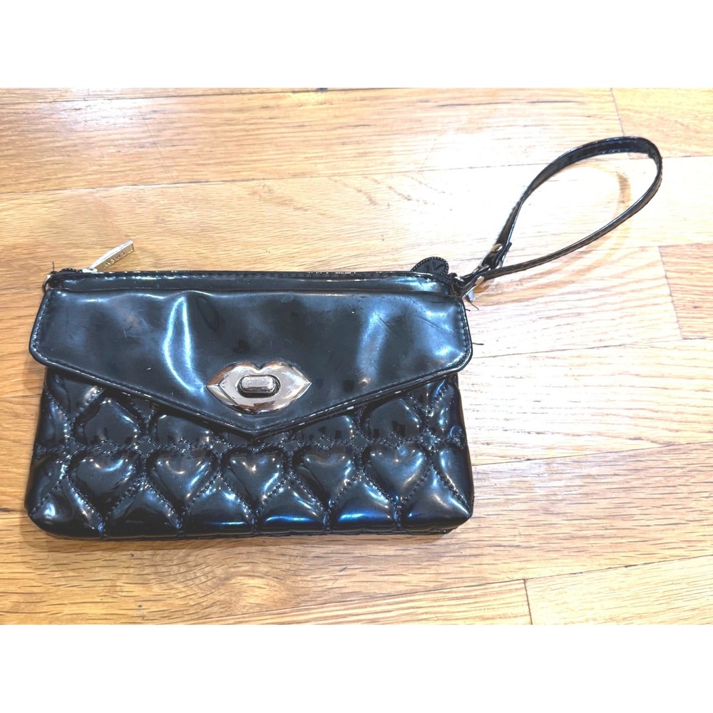 Lulu Guinness Black Patent Heart Quilted Wristlet Clutch Lip Turn Lock Polka Dot